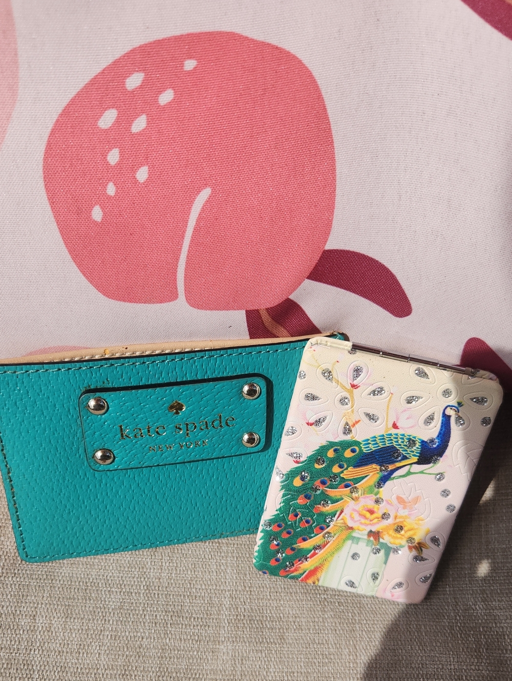 Peacock Crystal Compact - Mirror & Teal Kate Spade Leather Cardholder
